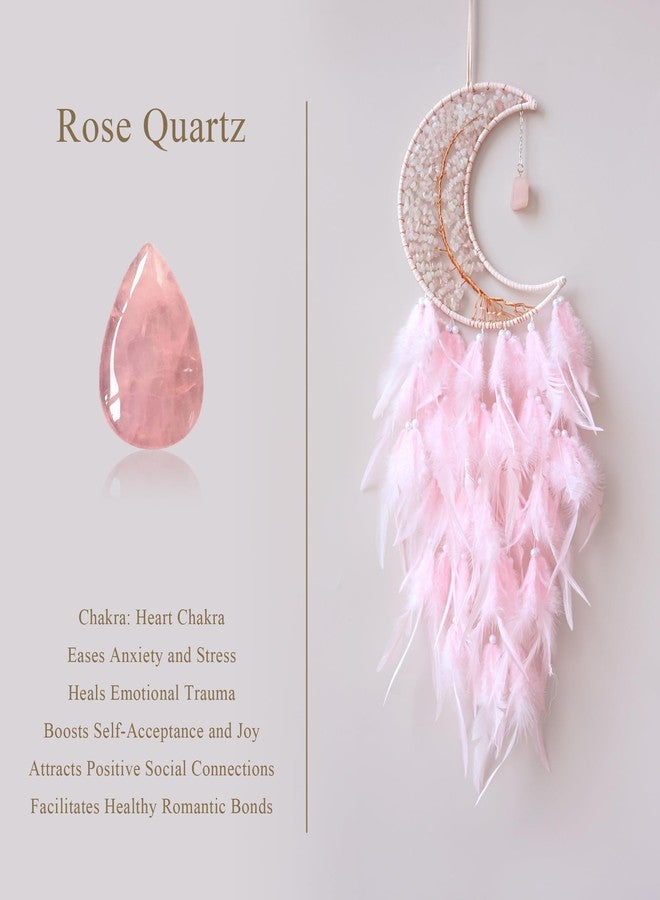 Dksuwe Moon Dream Catchers with Chakra Gemstone Agate Stone, Crystal Tree Life Dream Catchers Wall Hangings Room Decor (Pink) - Image 2